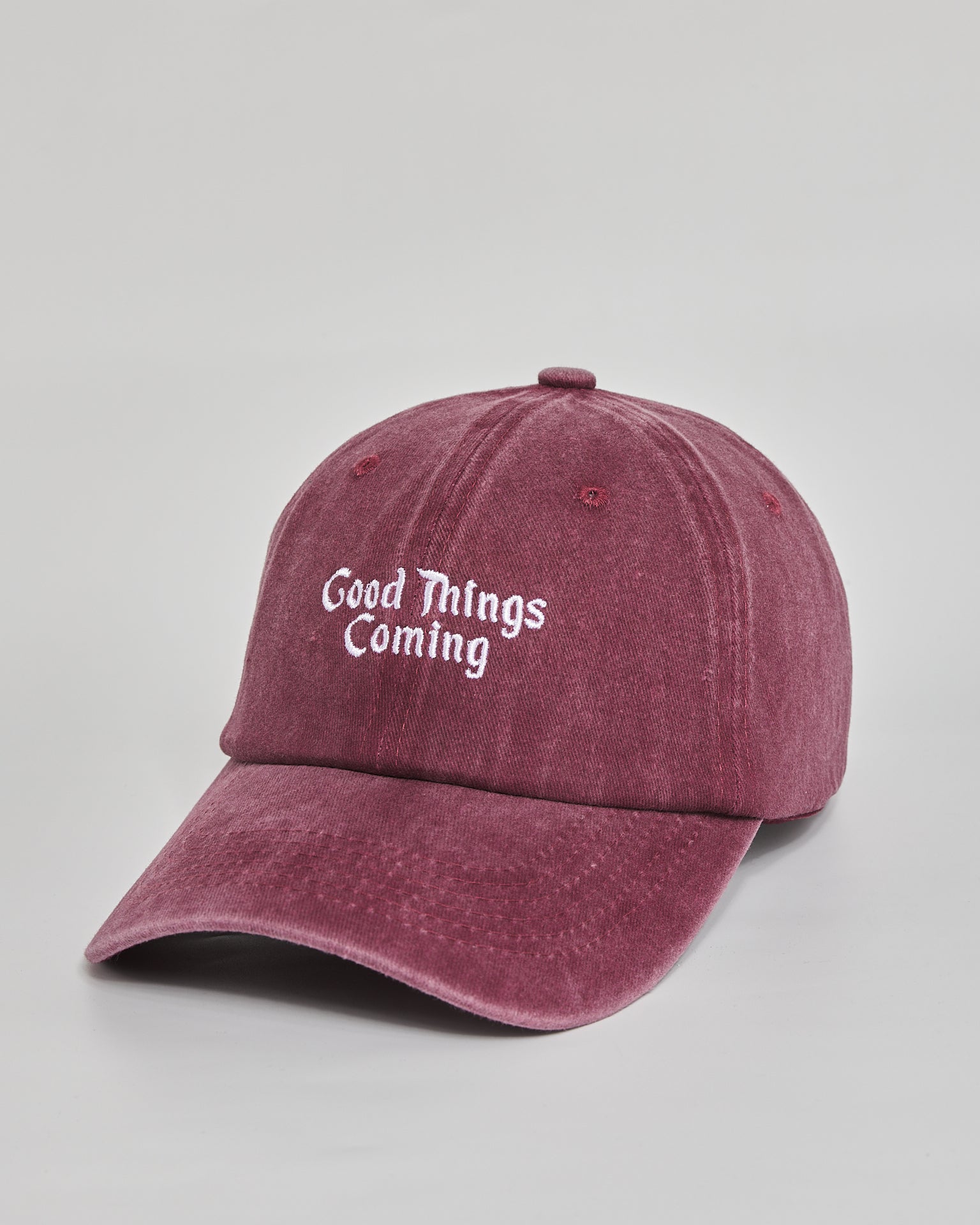 Good Things Coming burgundy washed cap - side view