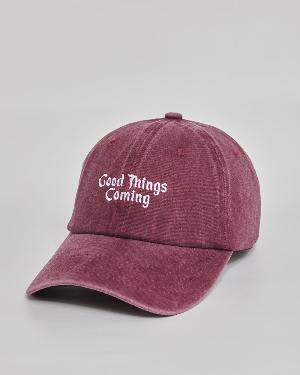 Good Things Coming burgundy washed cap - side view