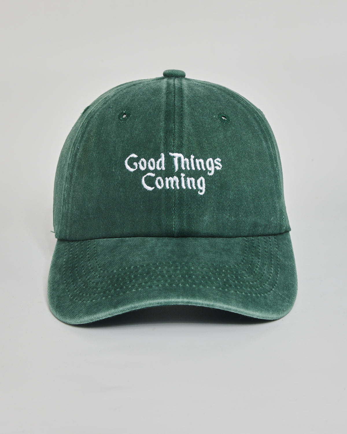 Good Things Coming forest green washed cap - front view