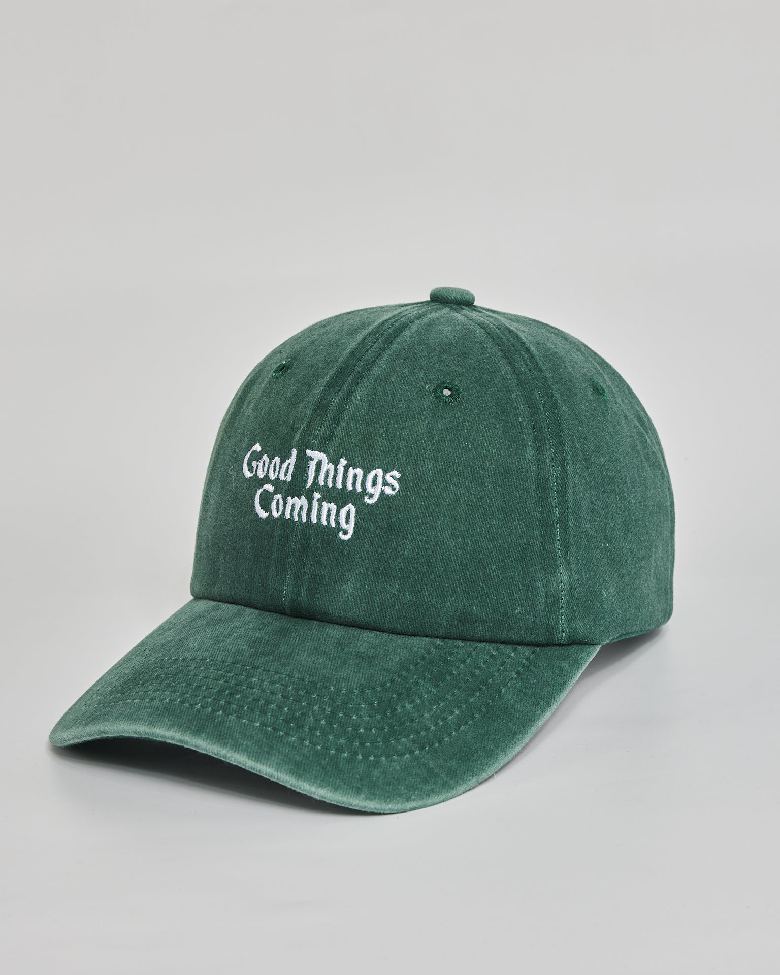 Good Things Coming forest green washed cap - side view