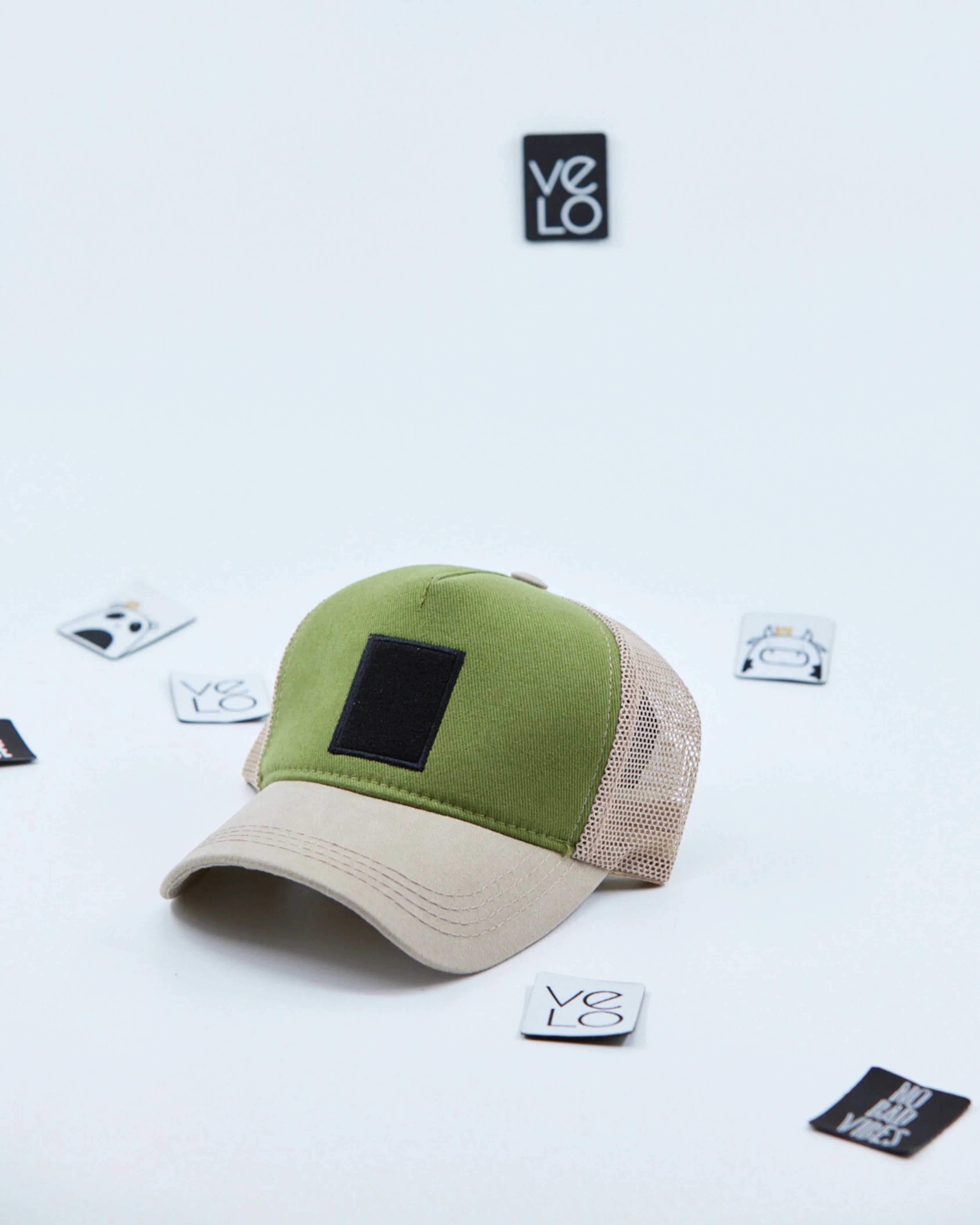 Side view of Green and Beige Customisable Trucker Cap
