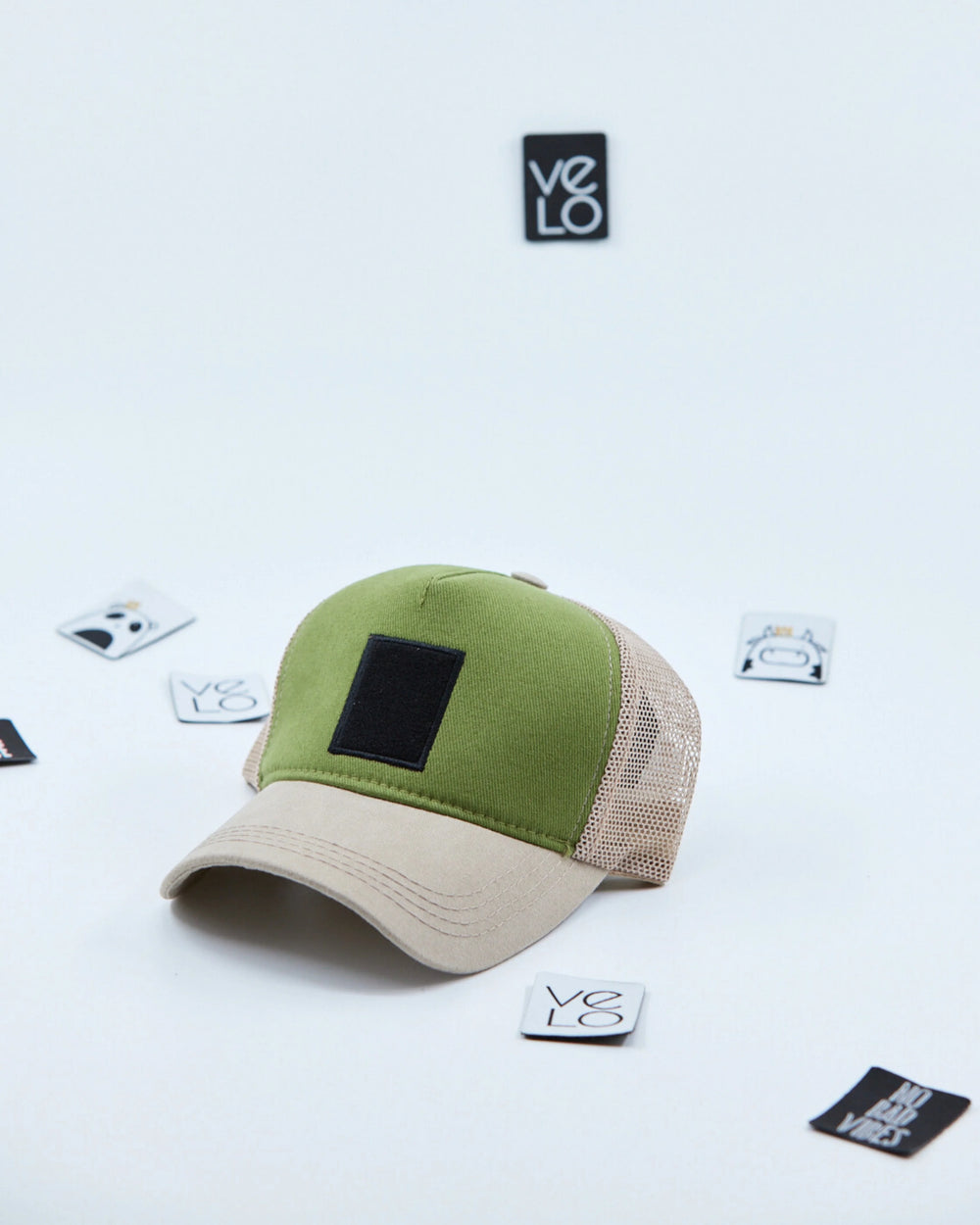Side view of Green and Beige Customisable Trucker Cap