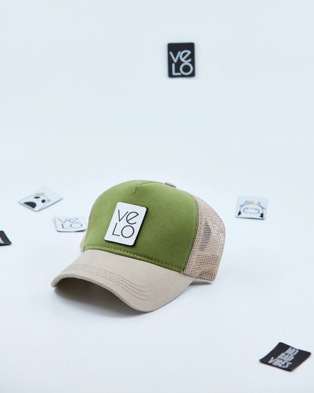 Side view of Green and Beige Customisable Trucker Cap