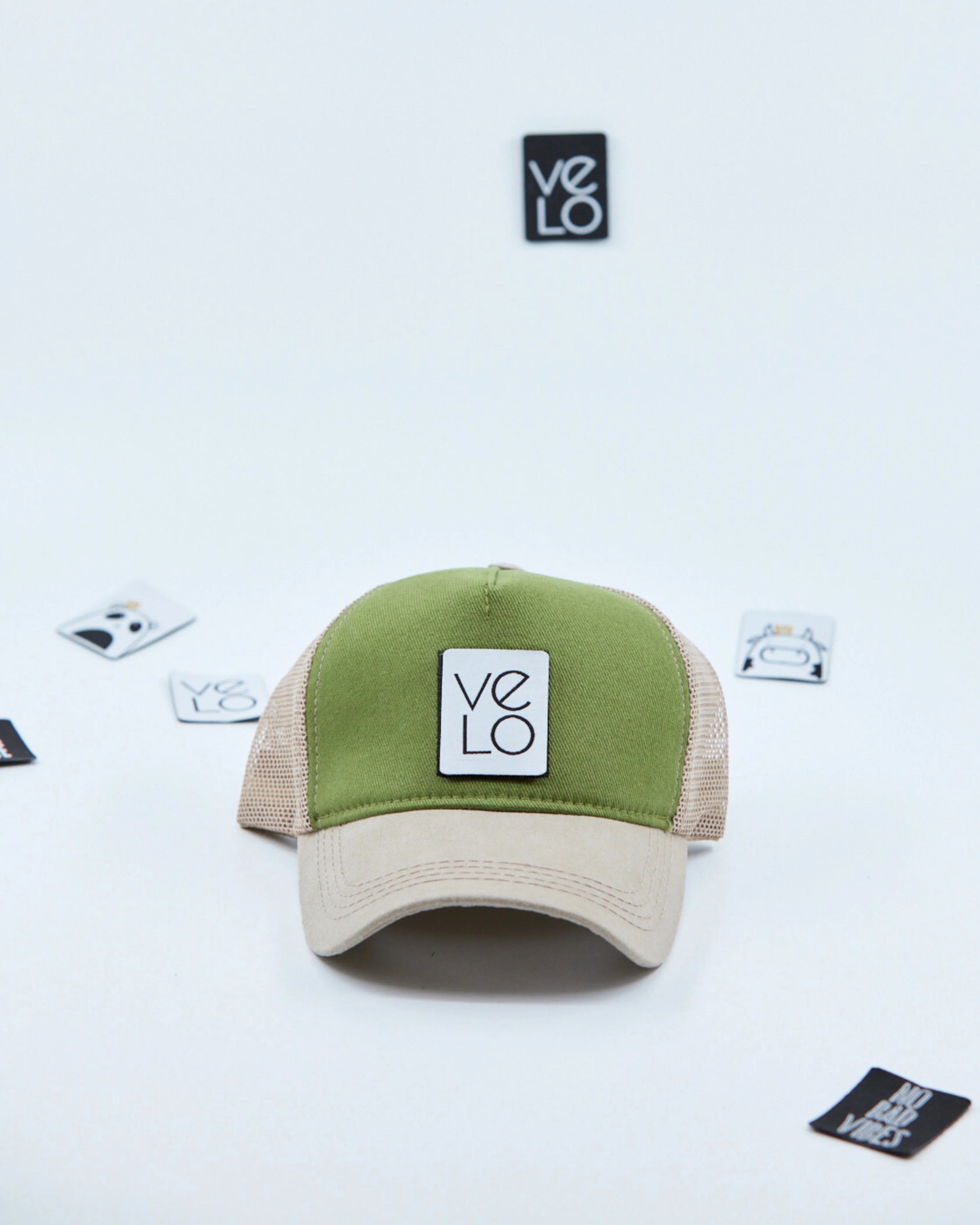 Front view of Green and Beige Customisable Trucker Cap