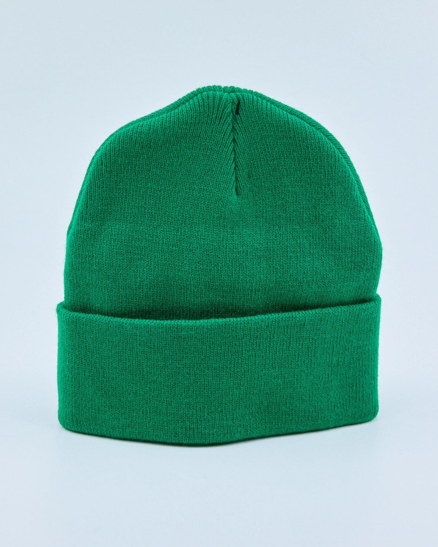 Green beanie on a light blue background