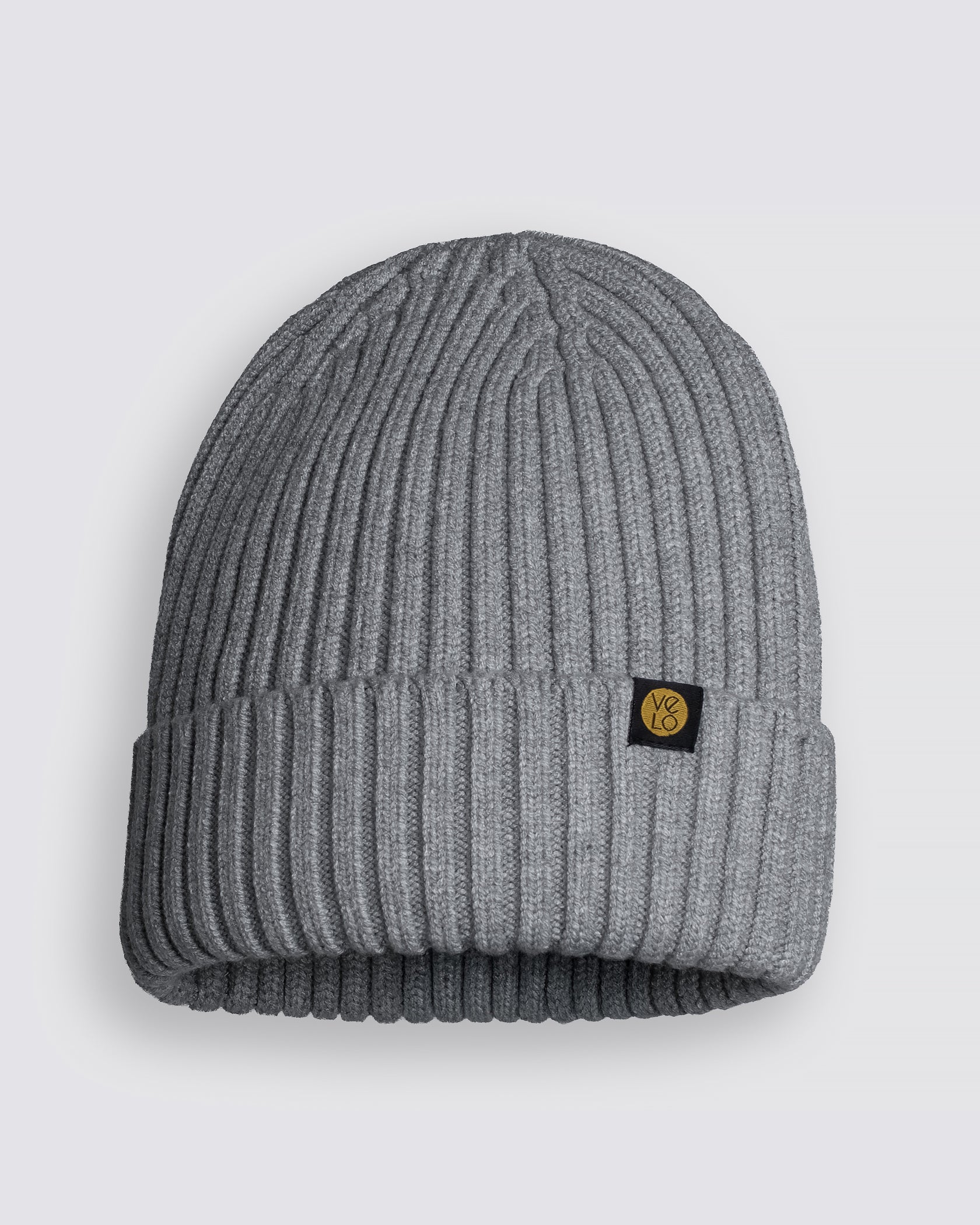 Grey Classic Beanie with a brand logo on a light gray background
