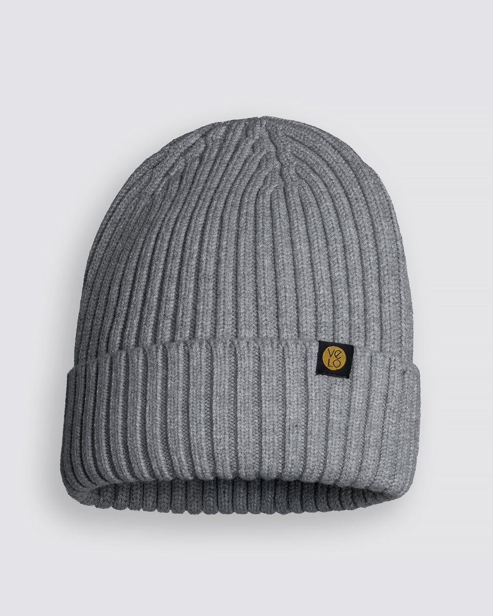 Grey Classic Beanie with a brand logo on a light gray background