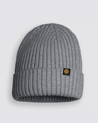 Grey Classic Beanie with a brand logo on a light gray background