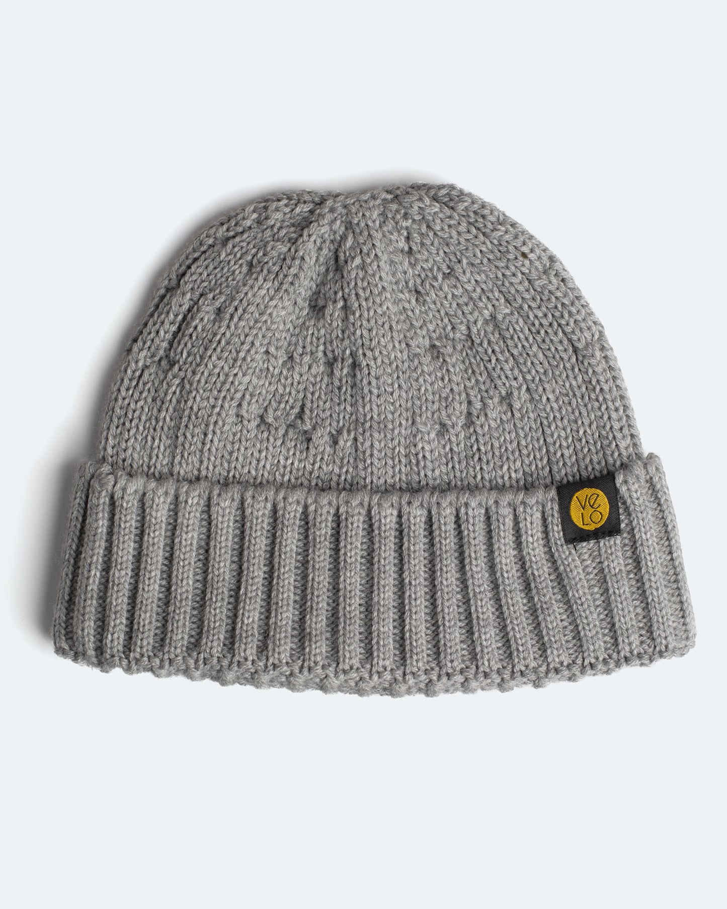 product photo of grey fisherman beanie on a white background