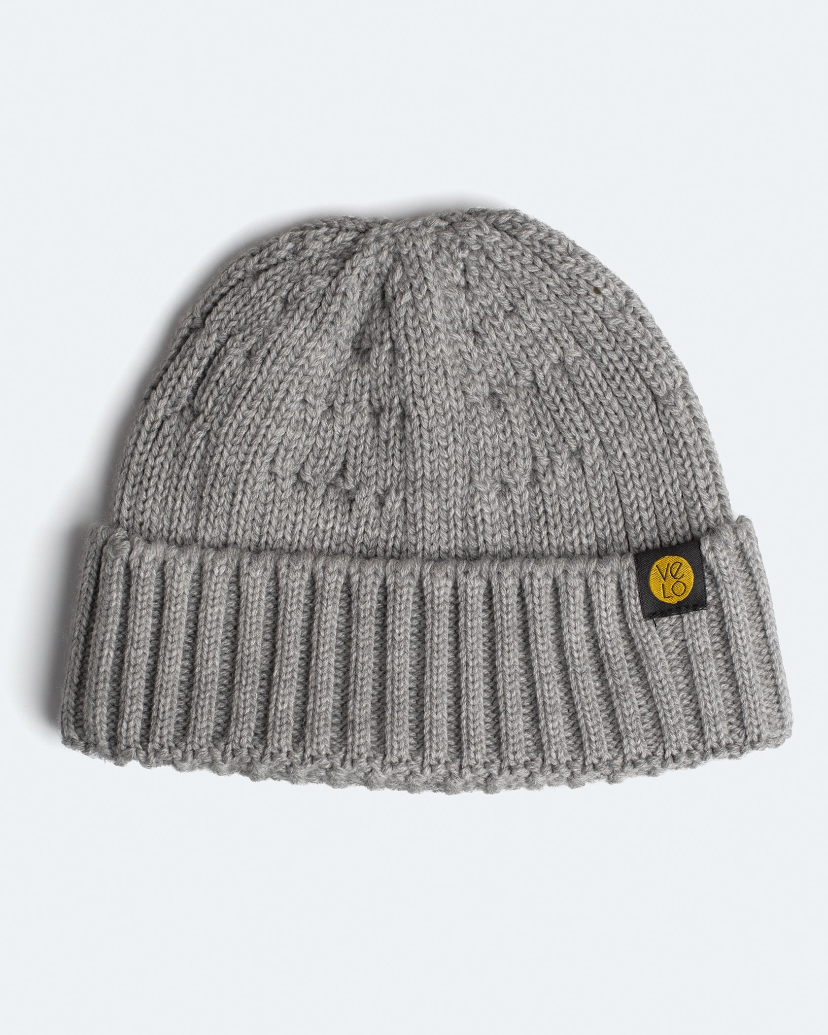 product photo of grey fisherman beanie on a white background
