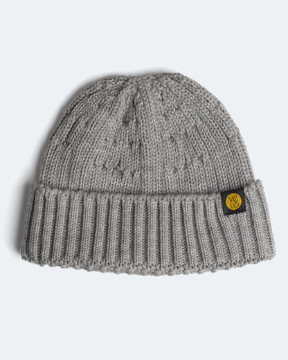product photo of grey fisherman beanie on a white background