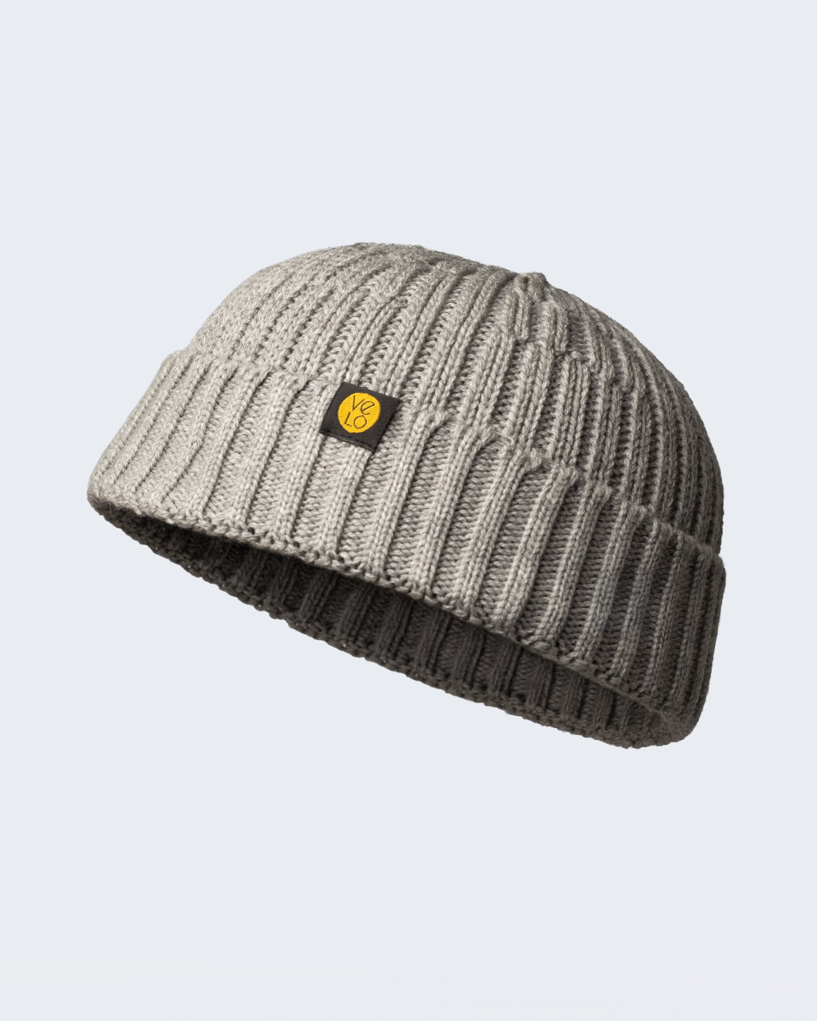 product photo of grey fisherman beanie on a white background