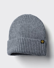 Grey Lux Beanie on a light gray background