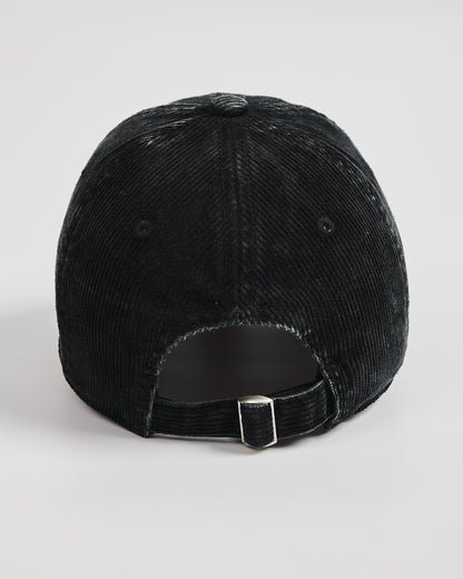 Black cap with a textured surface on a white background