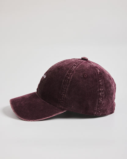 Hahaha No Burgundy Corduroy Cap on a light gray background