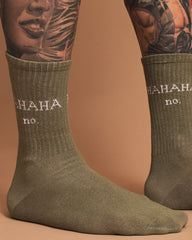 Side view of Hahaha No Dusty Green Socks