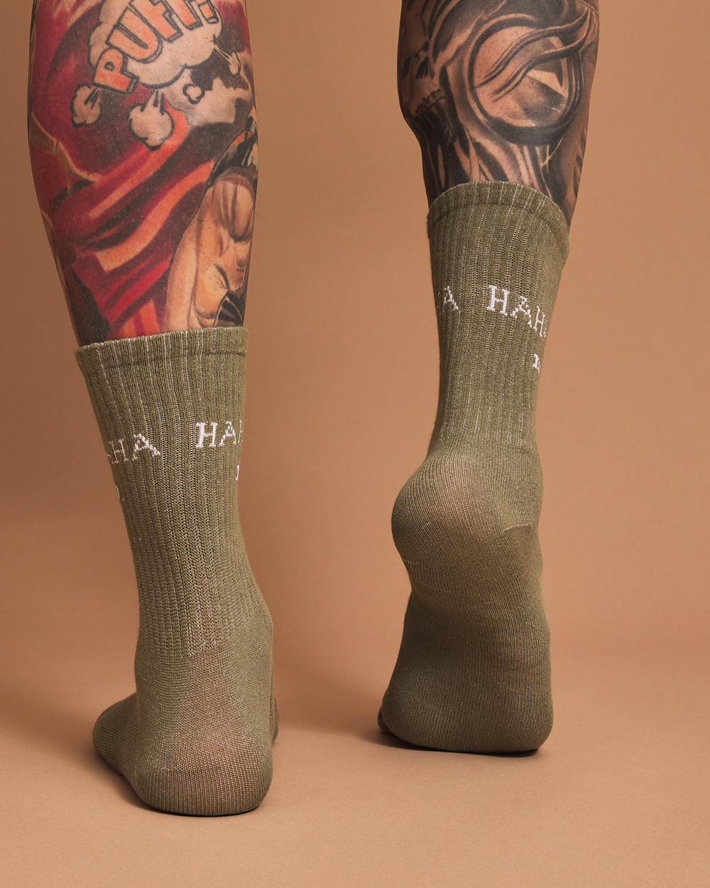 Back view of Hahaha No Dusty Green Socks