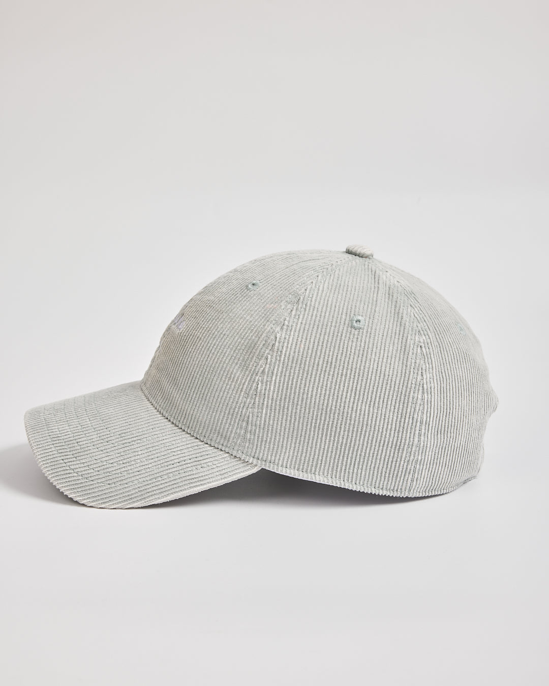 Gray corduroy baseball cap on a light gray background