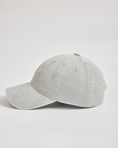 Gray corduroy baseball cap on a light gray background
