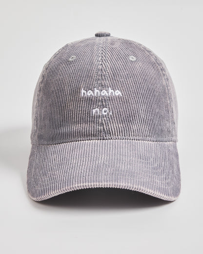 Front view of Hahaha No Stone Grey Corduroy Cap