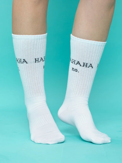 front view of hahaha no white socks