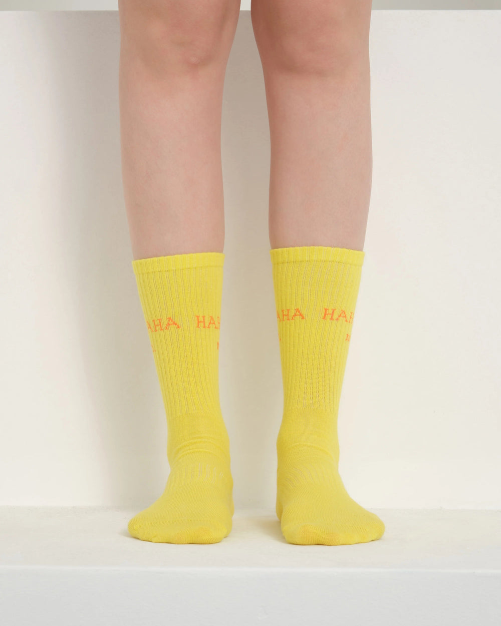 front view of yellow hahaha no socks