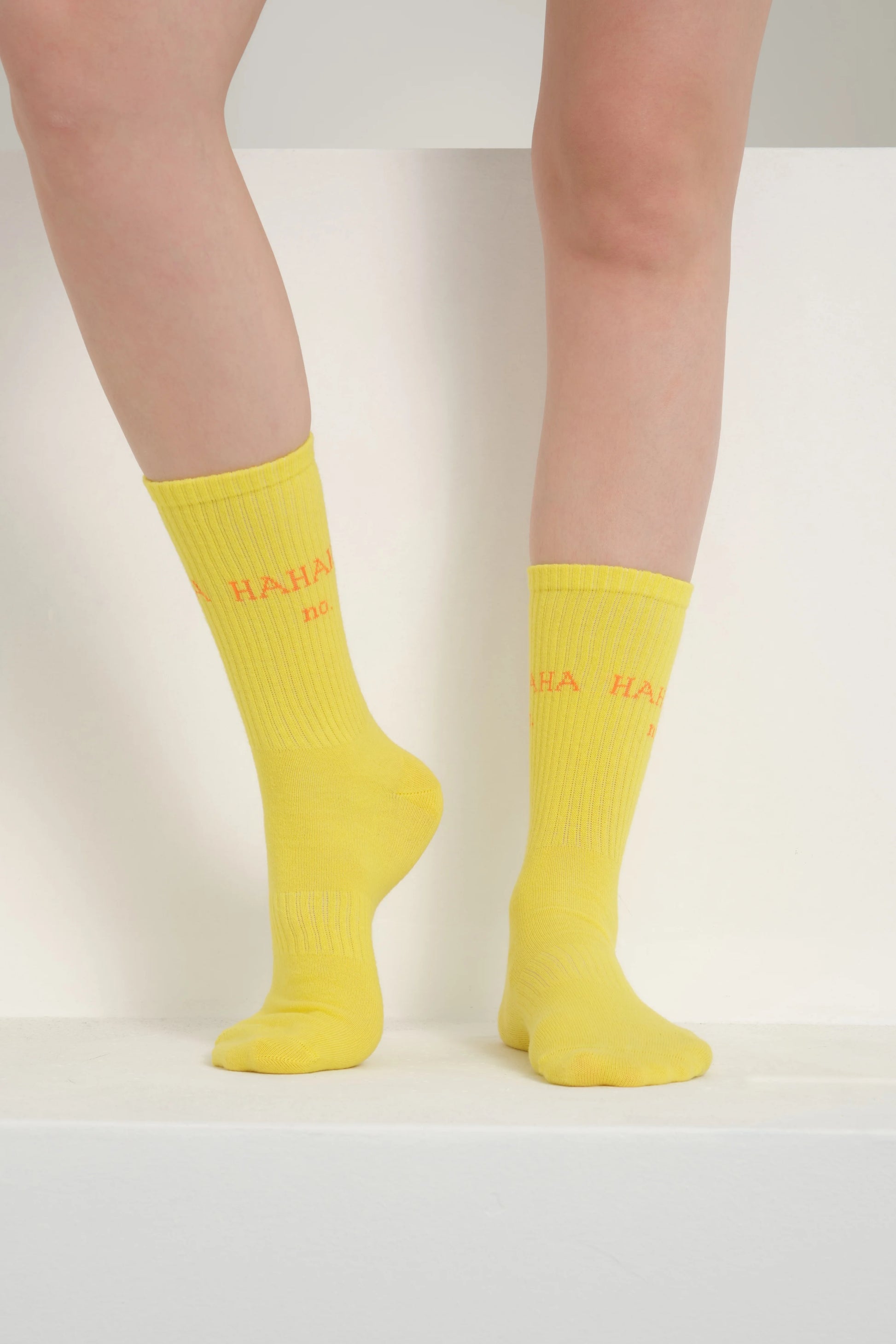 front view of yellow hahaha no socks