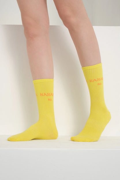 side view of yellow hahaha no socks