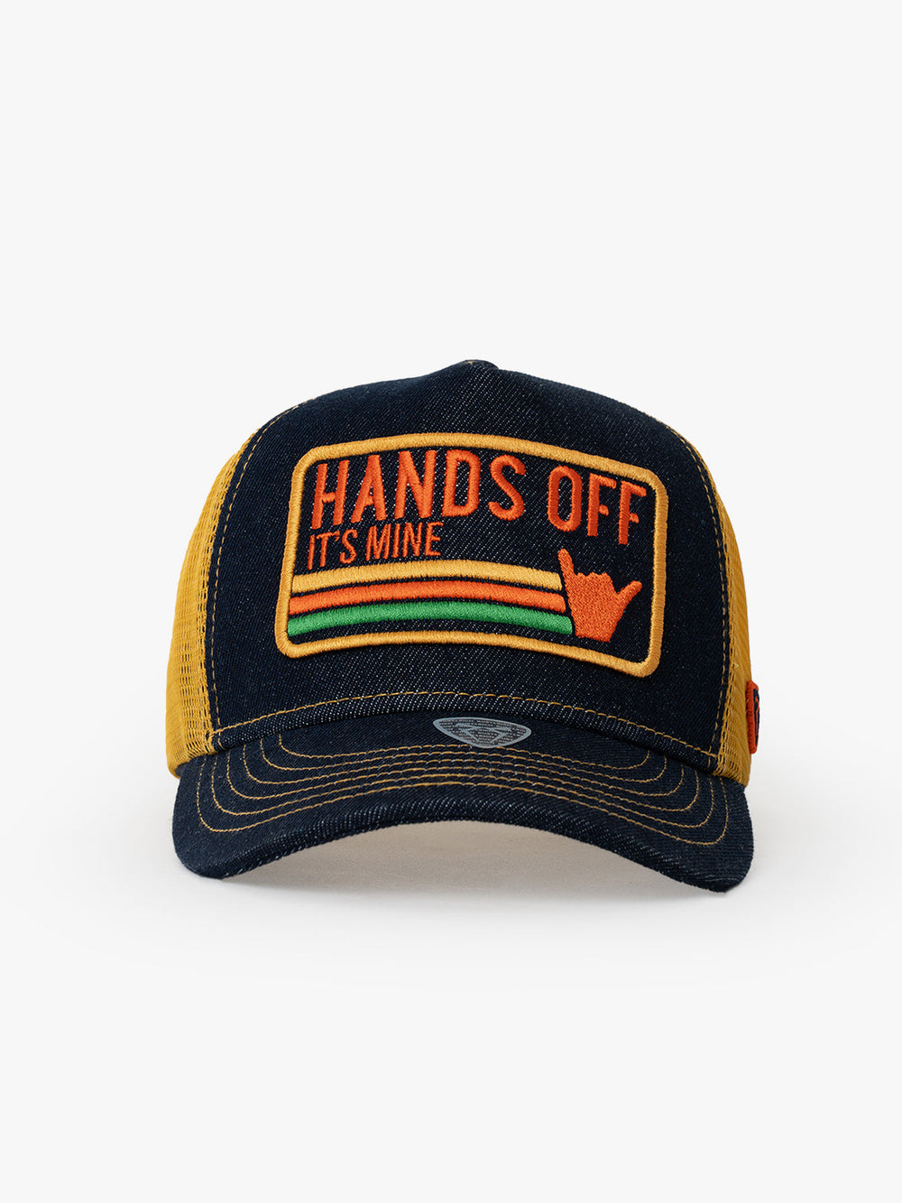 Front view of Hands Off Denim Trucker Hat