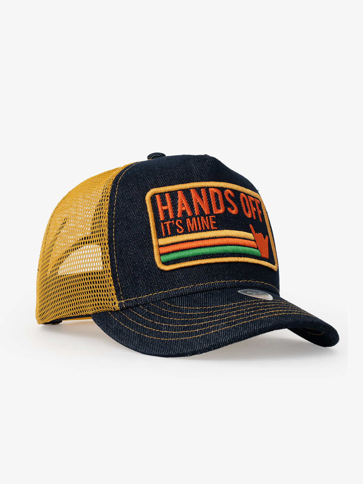 Side view of Hands Off Denim Trucker Hat
