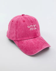 side view of Cute But Psycho Hot Pink Washed Cap