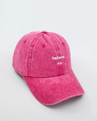 side view of Hahaha No Hot Pink Washed Cap