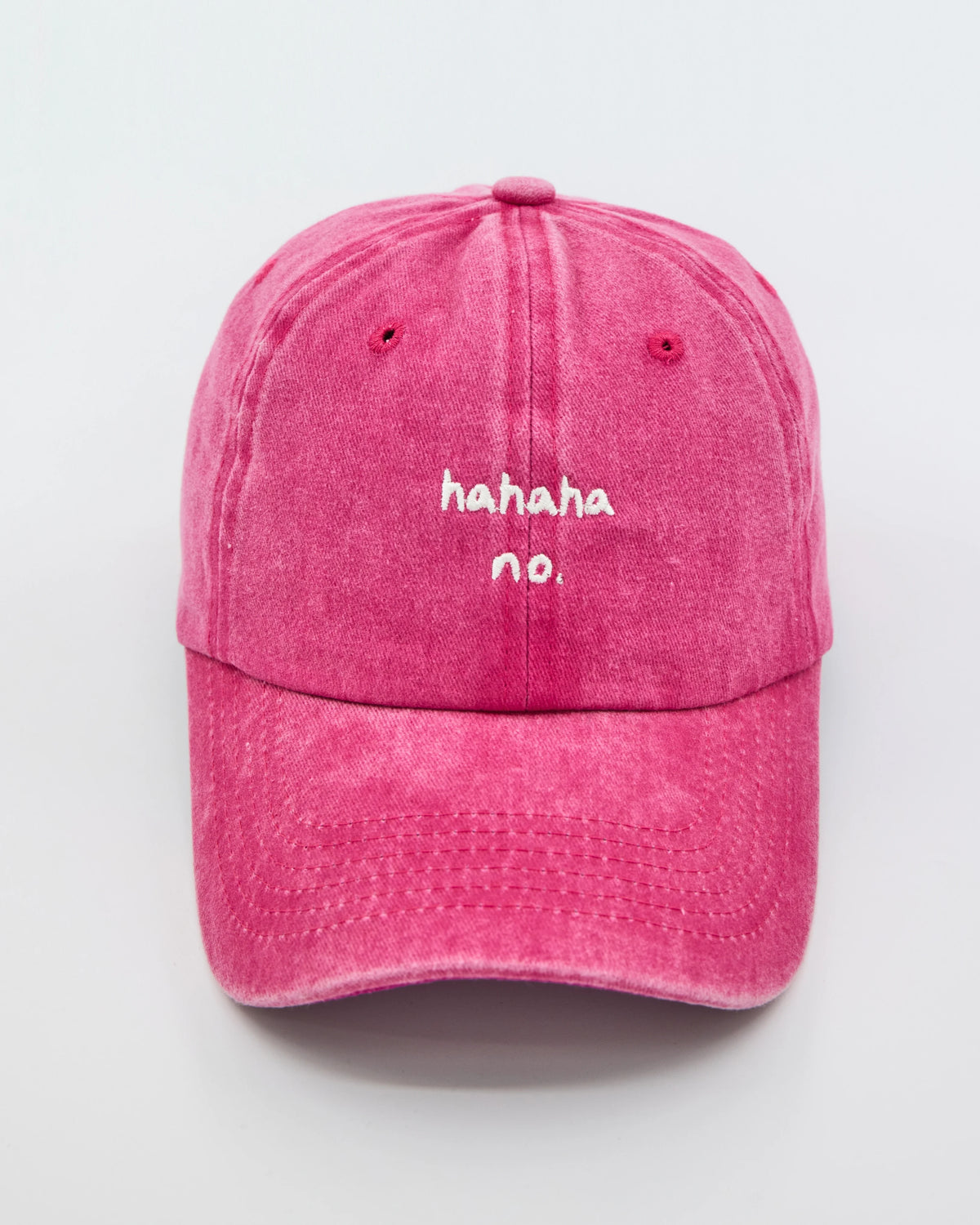 front view of Hahaha No Hot Pink Washed Cap