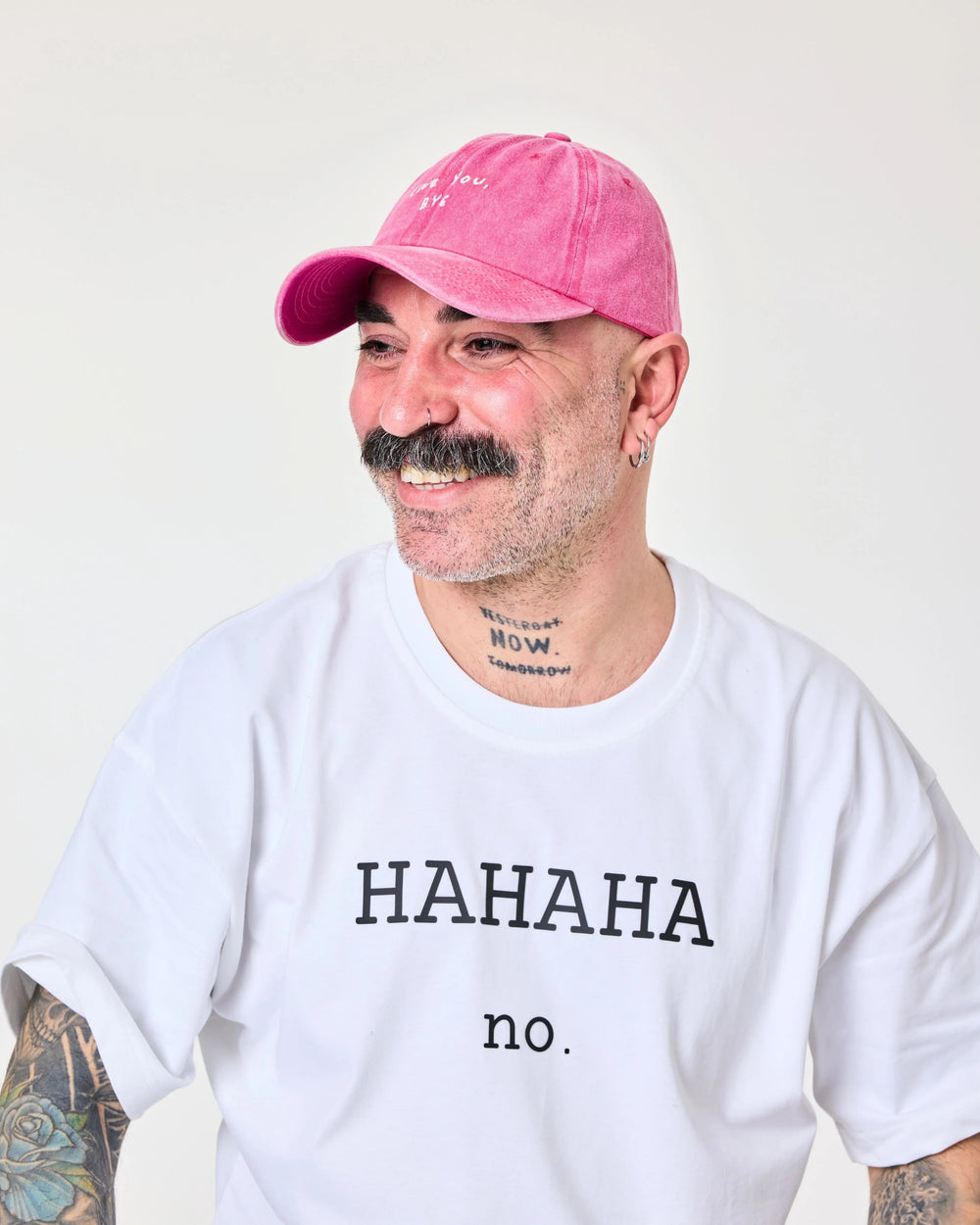 man wearing Love You Bye Hot Pink Washed Cap Hat
