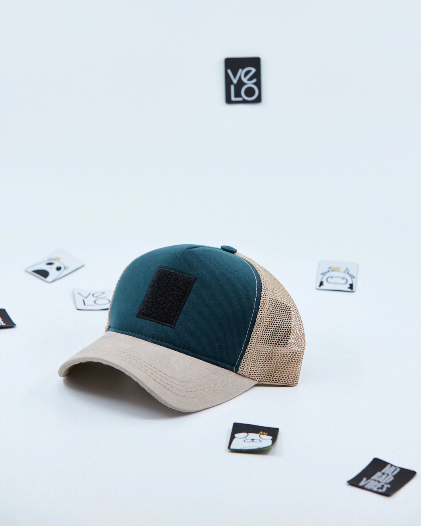 Side view of Jade Green and Beige Customisable Trucker Cap without patches