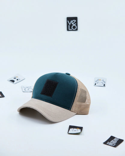 Side view of Jade Green and Beige Customisable Trucker Cap without patches