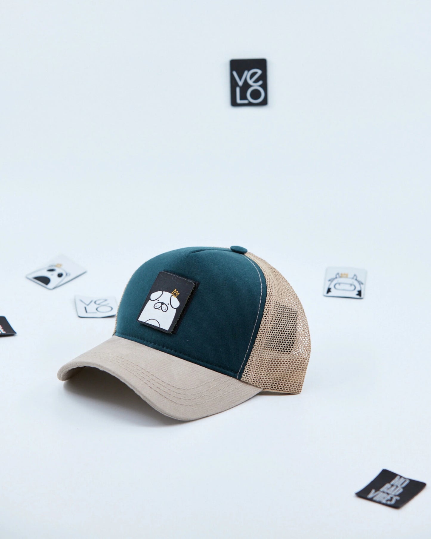 Side view of Jade Green and Beige Customisable Trucker Cap with patches