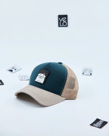 Side view of Jade Green and Beige Customisable Trucker Cap with patches