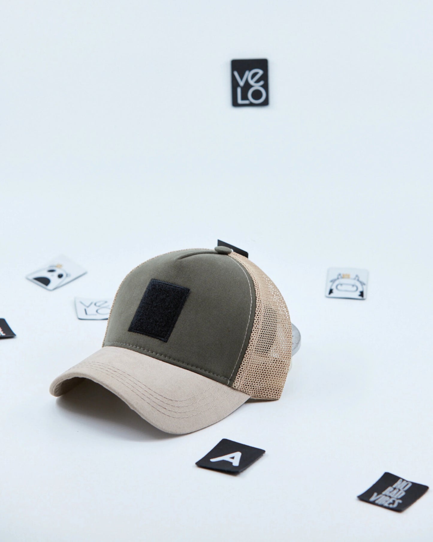 Side view of Khaki and Beige Customisable Trucker Cap without patches