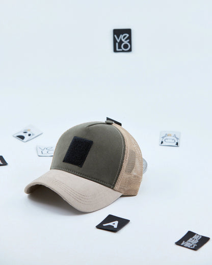 Side view of Khaki and Beige Customisable Trucker Cap without patches