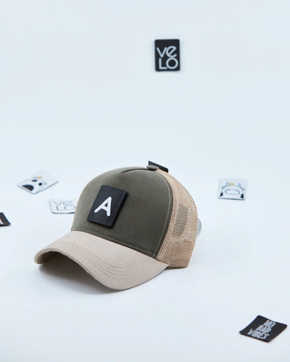 Side view of Khaki and Beige Customisable Trucker Cap with patches