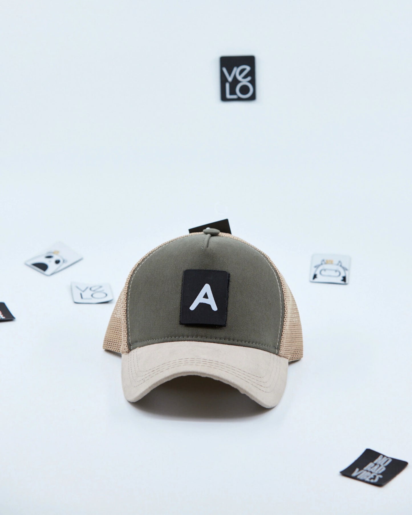 Front view of Khaki and Beige Customisable Trucker Cap