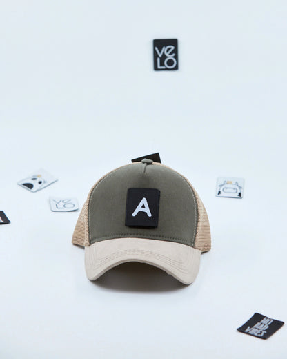 Front view of Khaki and Beige Customisable Trucker Cap