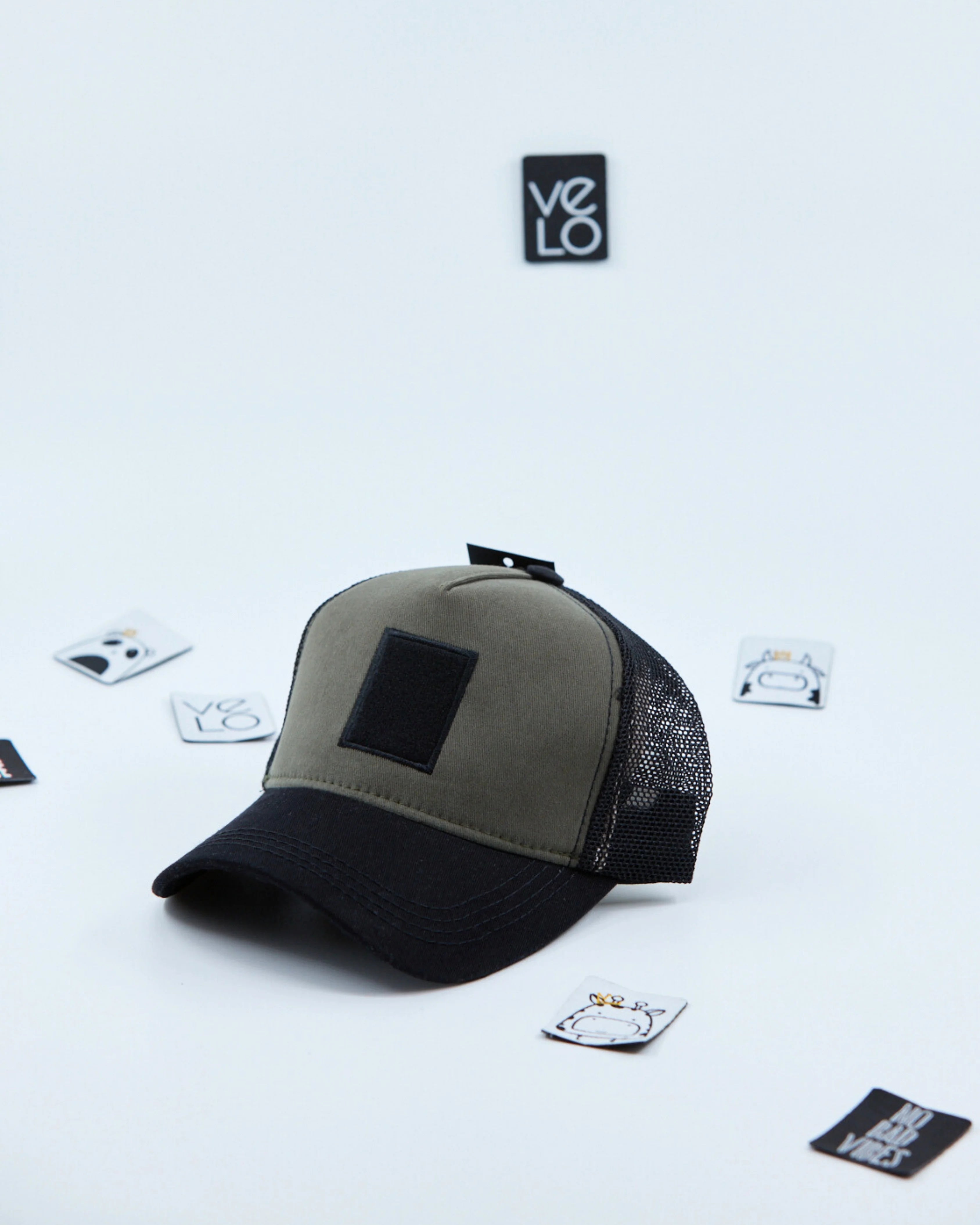 Side view of Khaki and Black Customisable Trucker Cap