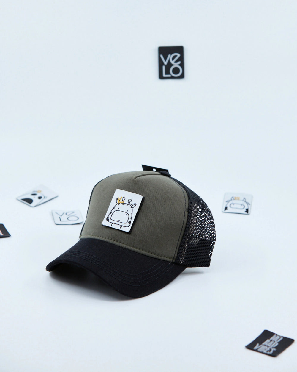 Side view of Khaki and Black Customisable Trucker Cap