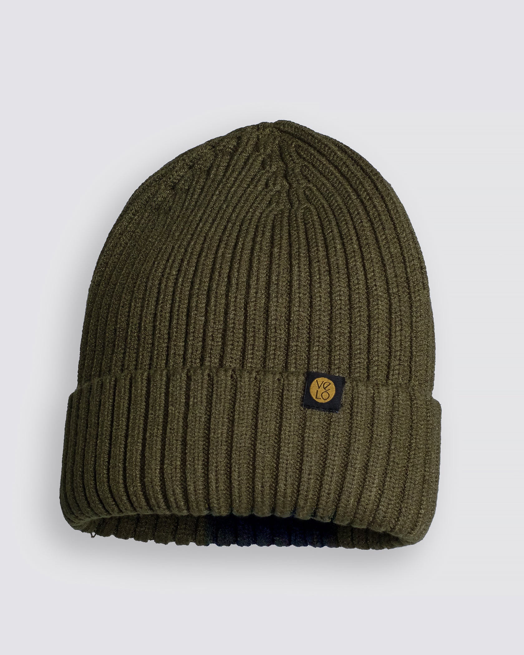 Khaki Classic Beanie with a brand logo on a light gray background