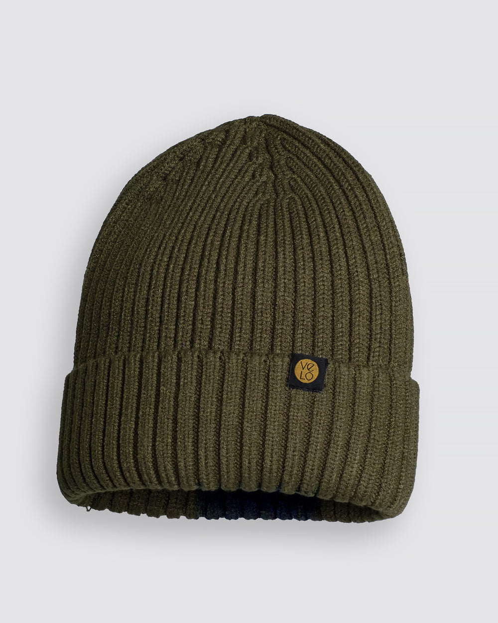 Khaki Classic Beanie with a brand logo on a light gray background