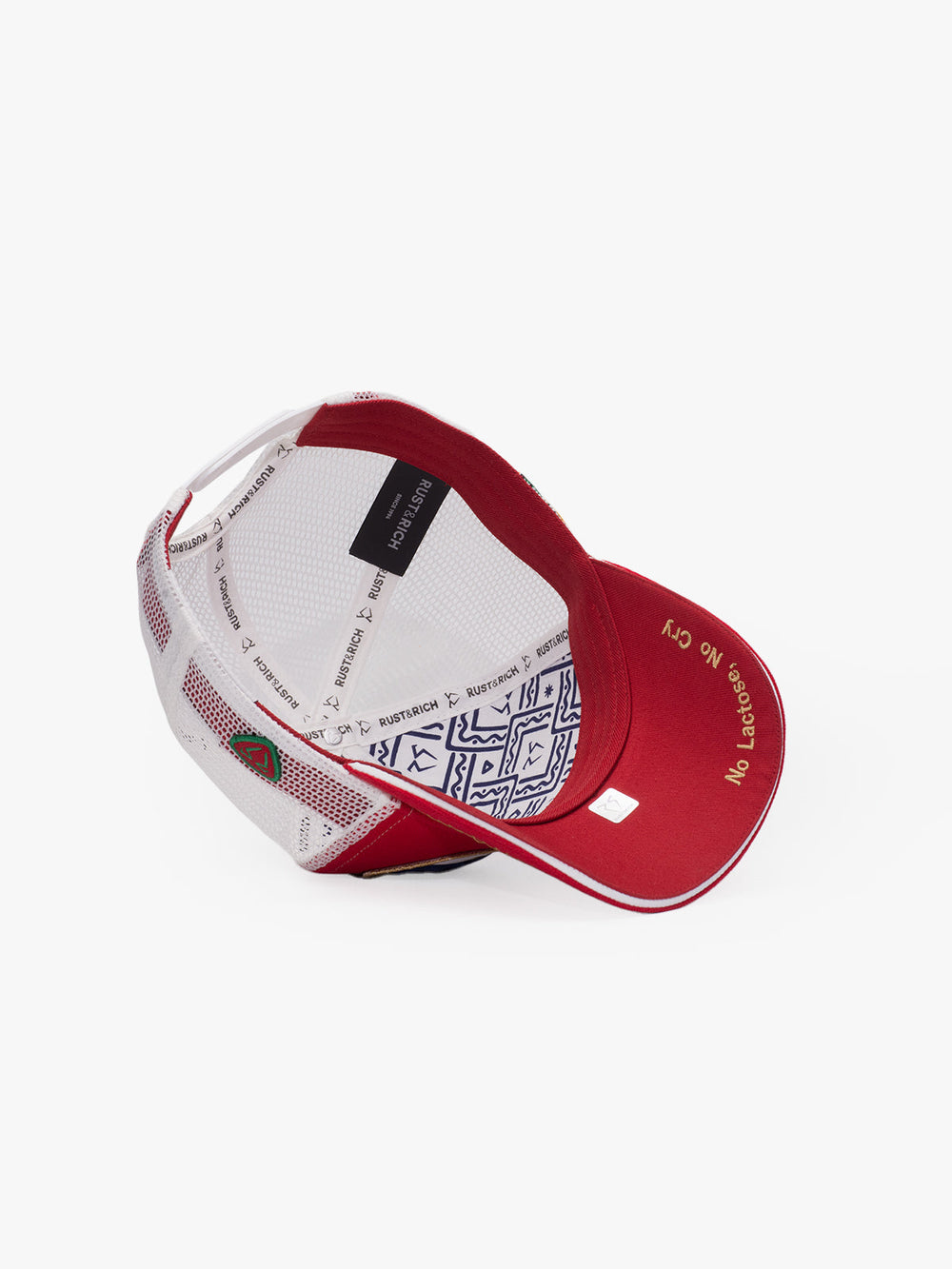 Red and white cap with brand logo on a white background