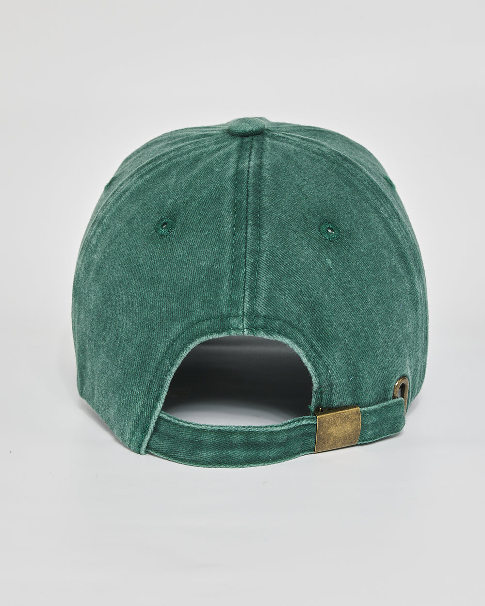 Back view and adjustable strap of Let Me Overthink First Forest Green Washed Cap