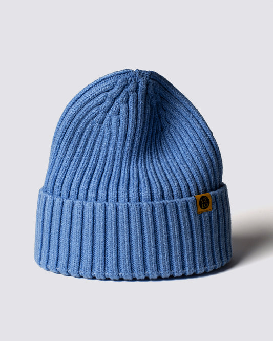 Blue knit beanie with a brand logo on a light gray background